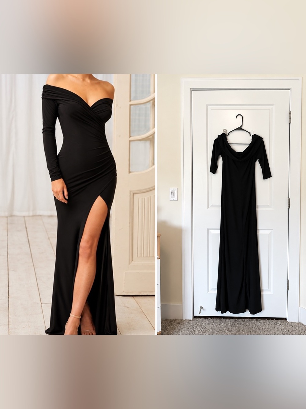 Club L London One Moment Black Bardot Wrap Ruched Split Maxi Dress